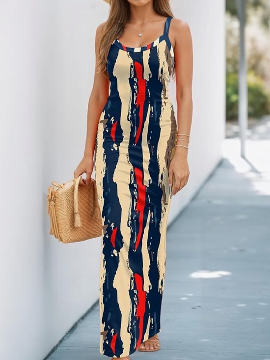 Dresses & Skirts - Sleeveless Maxi Dress in Navy, Cream & Red